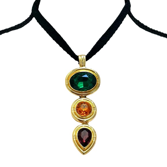VINTAGE SMB SANDI MILLER BURROWS GREEN, AMBER & PURPLE STATEMENT GOLD PENDANT - Picture 1 of 16